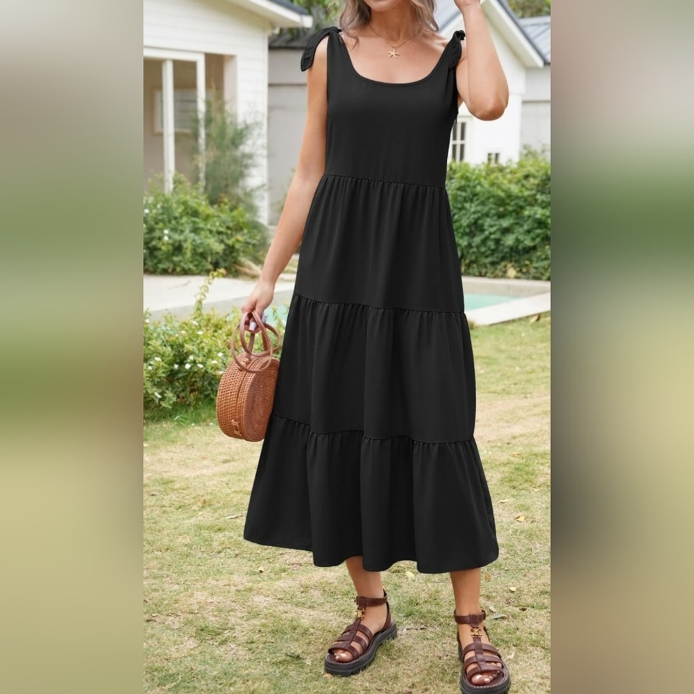 Black Tiered Maxi Dress NWT Tie Strap Sleeveless Flowy Sundress Size L